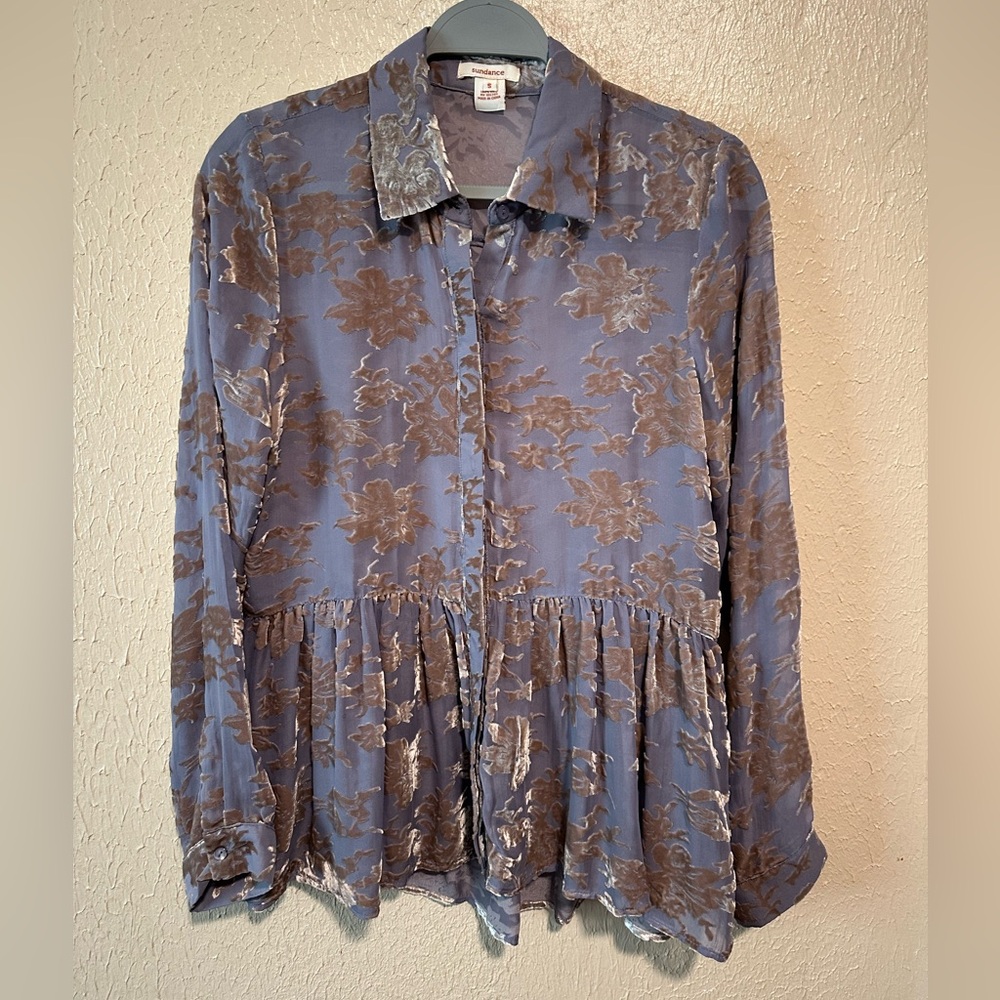 Sundance Size Small 100% Silk Purple Velvet Burnout‎ Top Peplum Floral Oversized